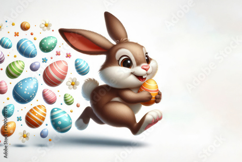 Running happy Easter bunny with eggs flying everywhere on solid white background. ai generative © Igor