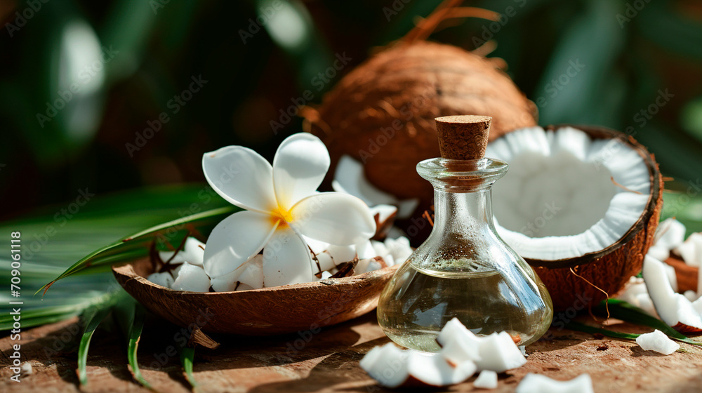 Coconut oil on a table in the garden. Selective focus. Coconut oil on a table in the garden. Selective focus.