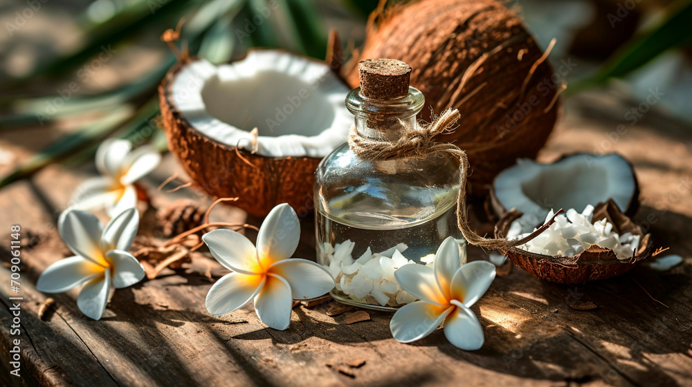 Coconut oil on a table in the garden. Selective focus. Coconut oil on a table in the garden. Selective focus.