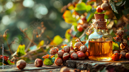 Hazelnut oil on a table in the garden. Selective focus. photo