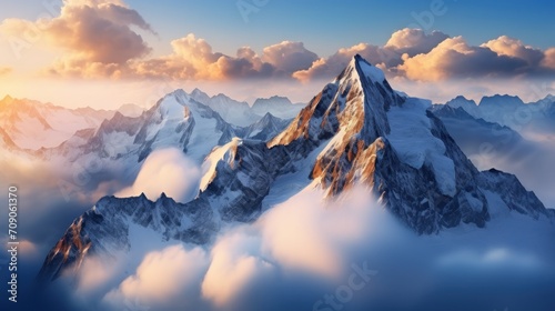Panoramic aerial mountain peak at sunset above the clouds landscape. Generate AI image