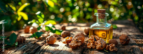Walnut oil on a table in the garden. Selective focus.