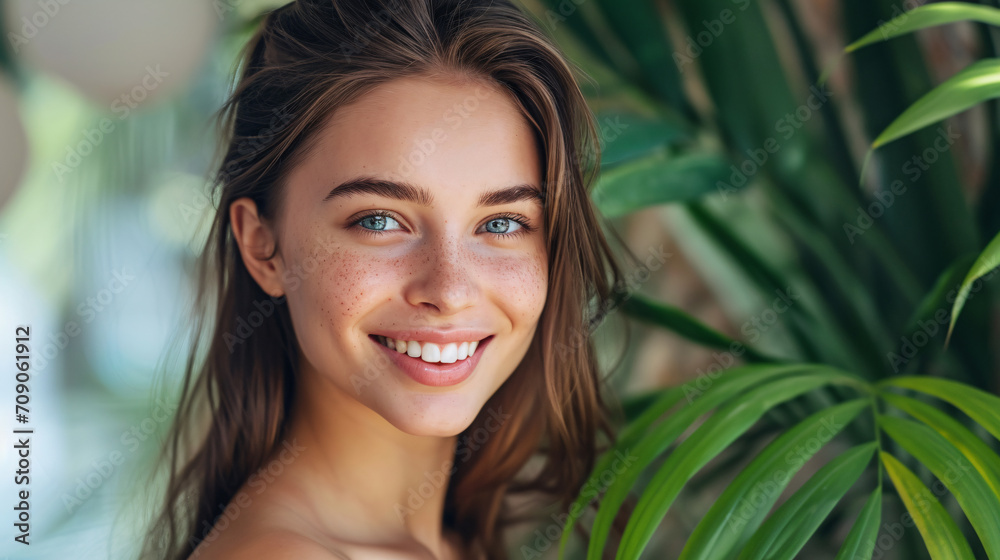 Portrait of very natural woman with freckles on face and green eyes. Girl looking at the camera. Portrait of very natural woman with freckles on face and green eyes. Girl looking at the camera.