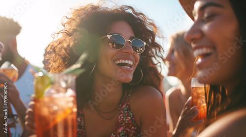Happy multiracial friends toasting with cocktail glasses outdoors on summer vacation