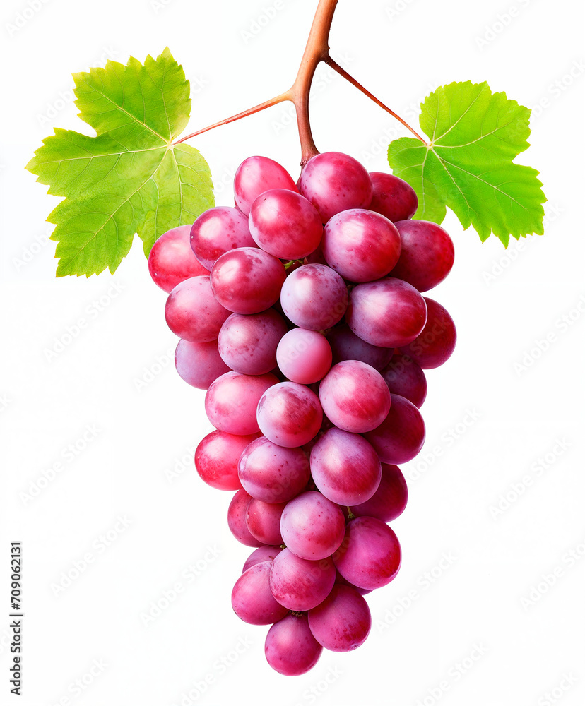 Fototapeta premium Red grape bunch with leaves isolated on white background