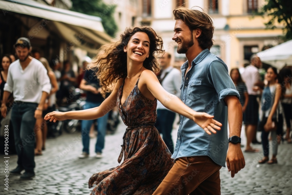 Happy people dancing on the street.