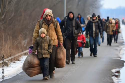 Fictional view of refugees on the way to a border.