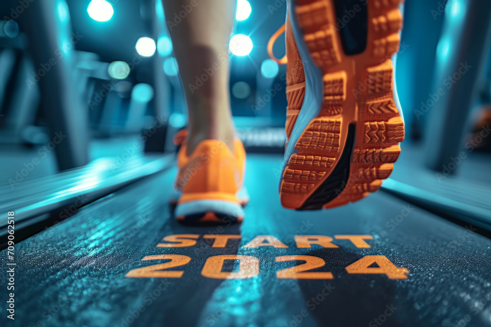 Close up of feet, sportsman runner running on treadmill with word START 2024 written on treadmill - obrazy, fototapety, plakaty 