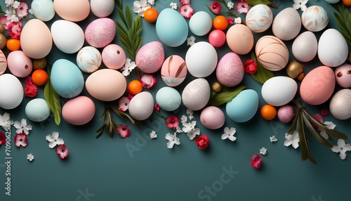 easter eggs and flowers background. easter eggs background in celebration of Easter. Colourful easter eggs flat lay. Decorated easter eggs on green background