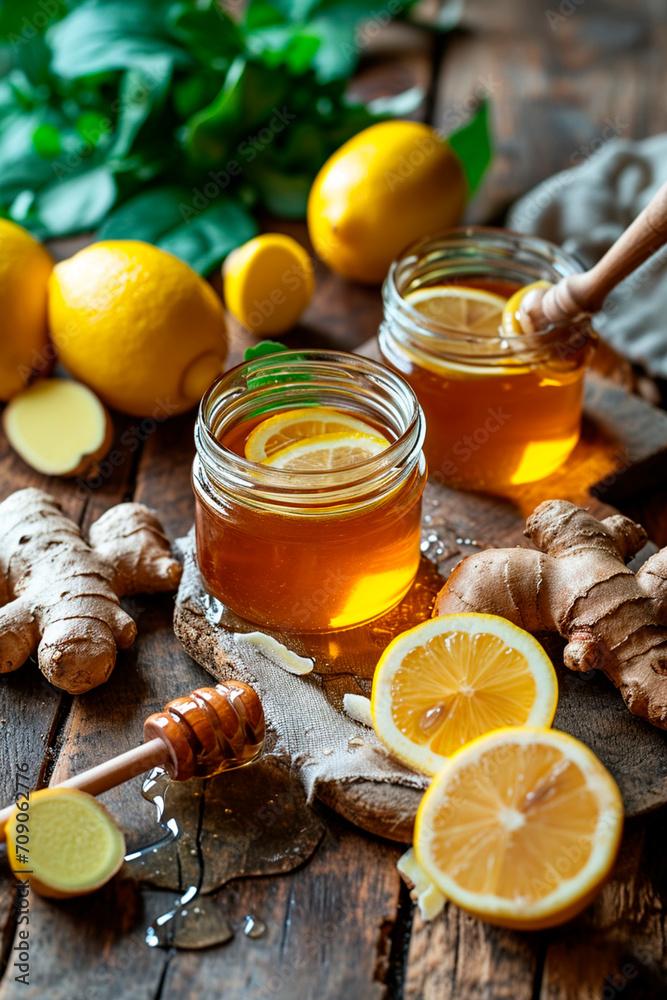ginger lemon and honey on the table. Selective focus.