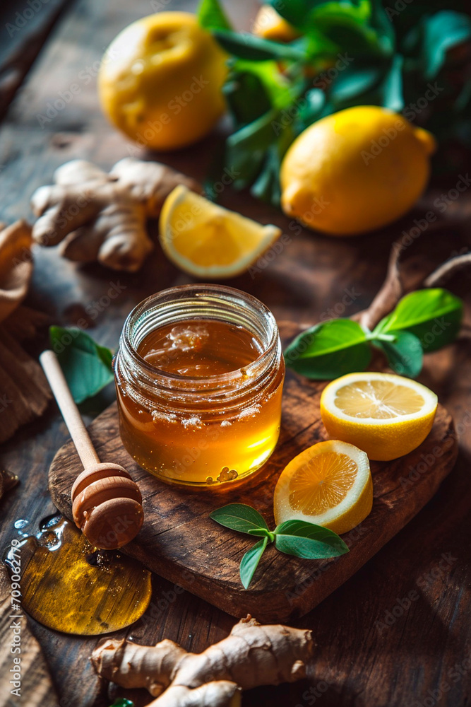 ginger lemon and honey on the table. Selective focus. ginger lemon and honey on the table. Selective focus.