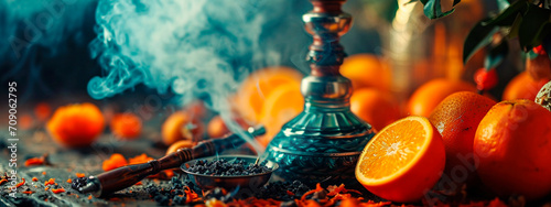 hookah in smoke with fruit. Selective focus. photo