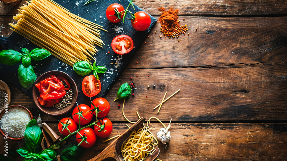 pasta tomatoes basil ingredients. Selective focus. pasta tomatoes basil ingredients. Selective focus.