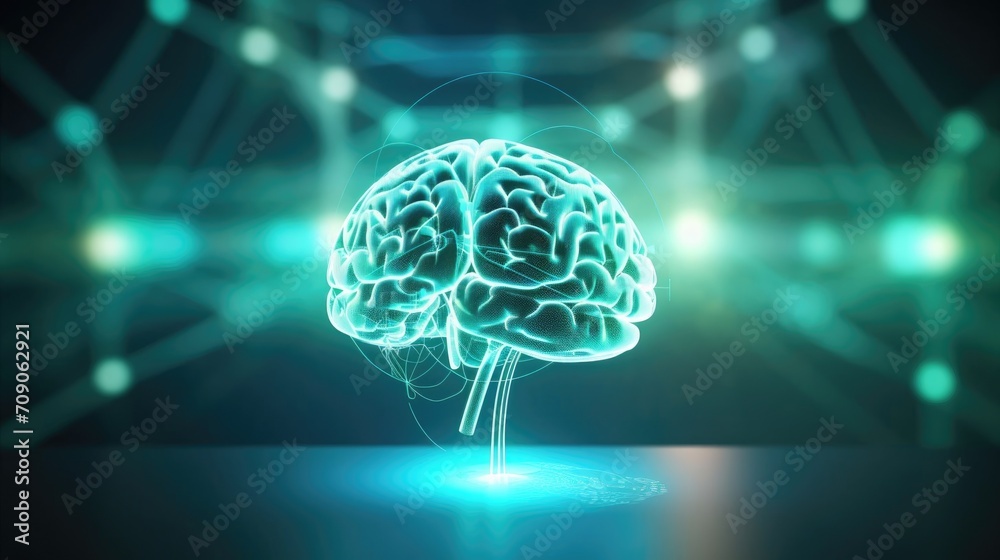 A close-up of the brain, on a blurred background. The human brain has a futuristic background. Rays, energy from the brain, the movement of neurons. A close-up of the brain, on a blurred background. The human brain has a futuristic background. Rays, energy from the brain, the movement of neurons.