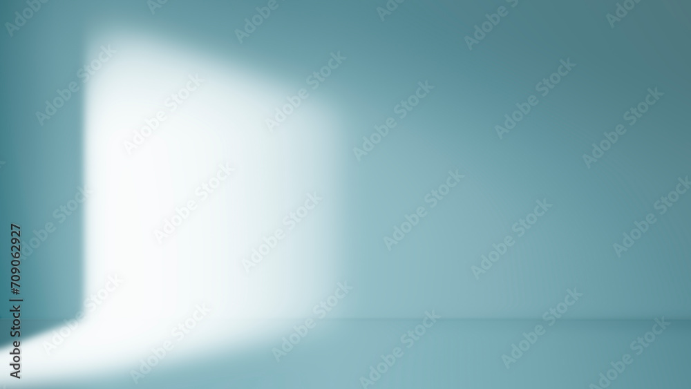 abstract minimal light blue background for product presentation. Shadow and light from windows or open door on plaster wall.