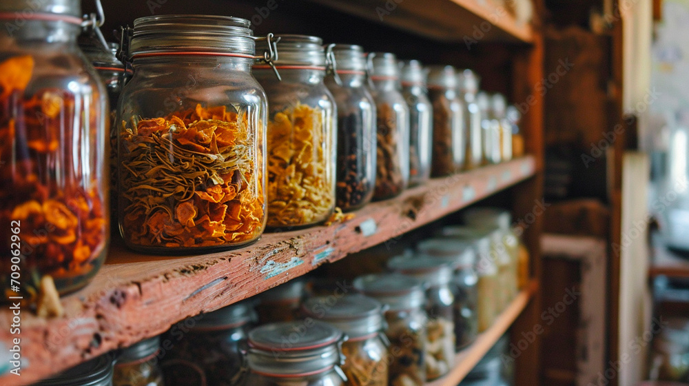 Various dried vegetables and fruits in jars. Selective focus. Various dried vegetables and fruits in jars. Selective focus.