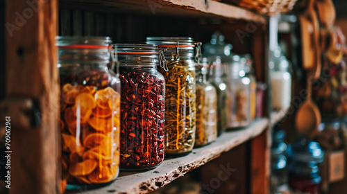 Various dried vegetables and fruits in jars. Selective focus.