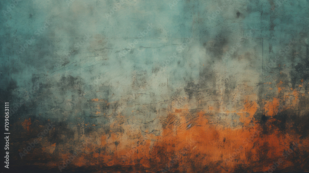 Obraz premium A weathered wall with a rich combination of teal and rustic orange textures, showing signs of age and decay.