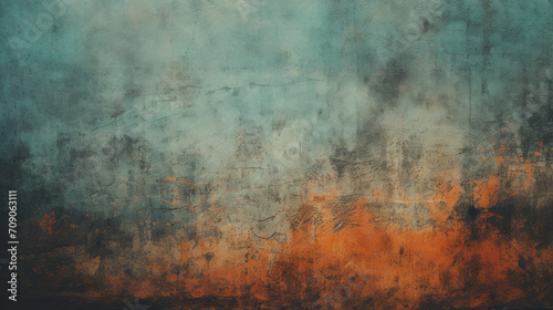 A weathered wall with a rich combination of teal and rustic orange textures, showing signs of age and decay.