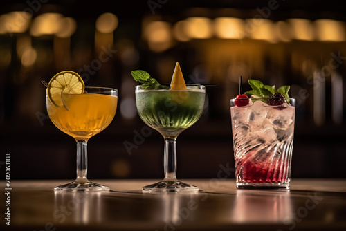 Three different colored cocktails on the bar counter with ice spread around and a shallow depth of field of the bar photo