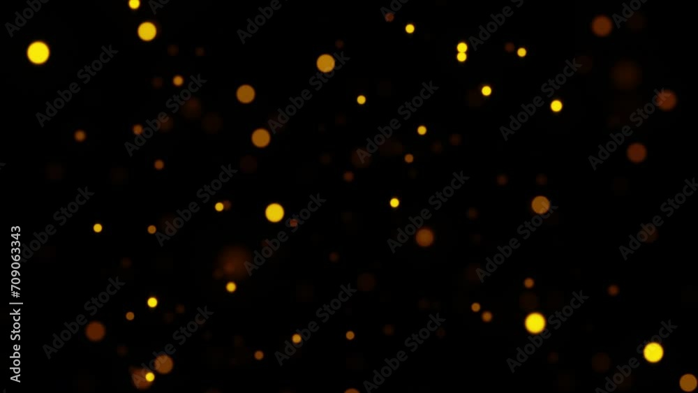 Abstract loop animation flickering glow gold bokeh bubble particles flying on black background. 4K 3D seamless looping orange red gold bokeh particles dust fly in the air.
