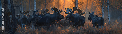 Group of moose in the forest in summer evening with setting sun. Horizontal, banner.