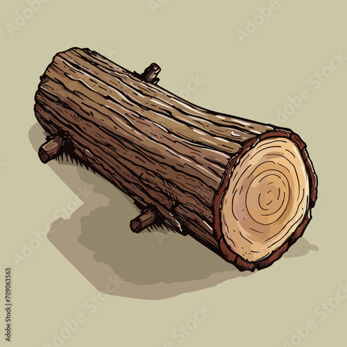 Wooden log. Construction wood material with bark. Brown timber forest element. Color hand-drawn illustration. Work of lumberjack