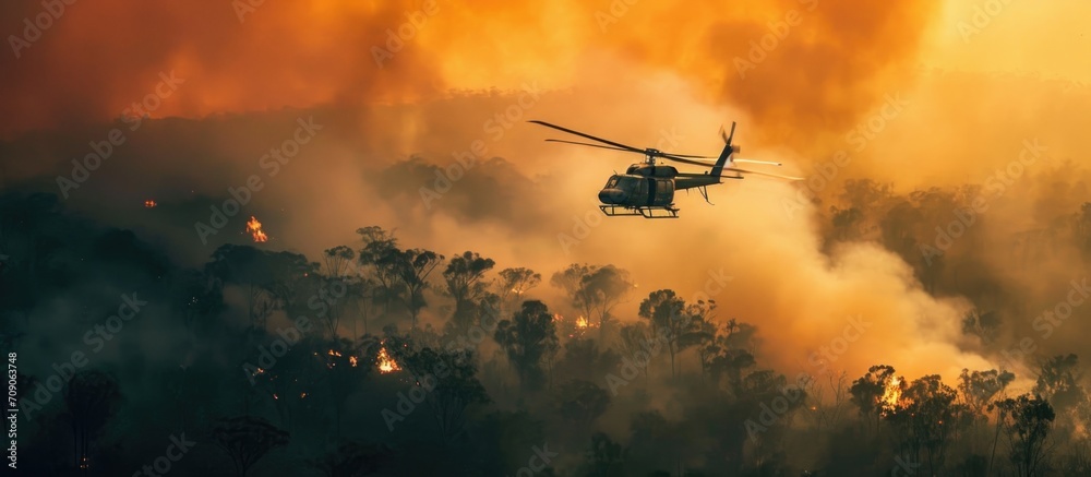helicopter douses bush fire - obrazy, fototapety, plakaty 