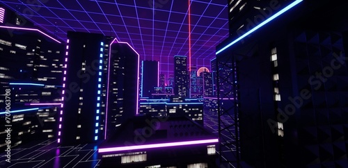 Neon urban future. Panorama of a futuristic city. Wallpaper in a cyberpunk style. 3D illustration. Huge futuristic skyscrapers glowing with neon light against the blue grid night sky.