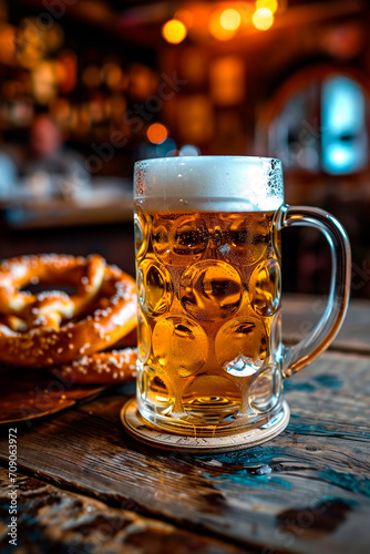 A mug of beer and a pretzel bun on the table. Selective focus.