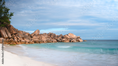 Tropical blue sea beach landscape, smooth sea long exposure, summer holiday concept