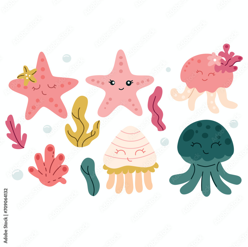 Cute hand drawn vector illustration with starfish, seaweed and jellyfish Cute hand drawn vector illustration with starfish, seaweed and jellyfish