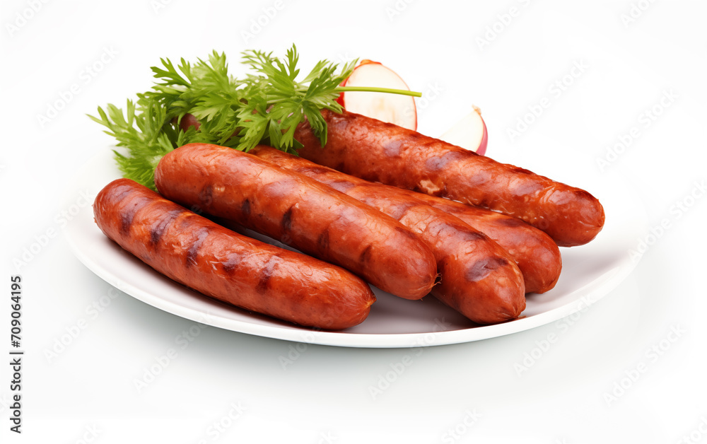 Tasty goodness sausages Isolated on White background Generated AI Tasty goodness sausages Isolated on White background Generated AI