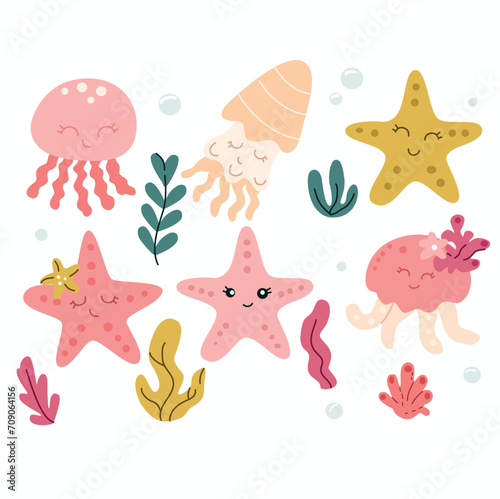 Cute hand drawn vector illustration with starfish, seaweed and jellyfish