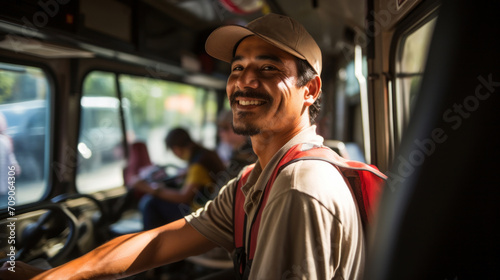 Cheerful male bus driver in a cap smiling while sitting in the driver's seat, passengers in the background.
