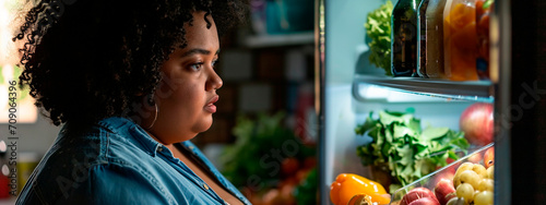 A fat African American woman looks into the refrigerator at night. Selective focus. photo