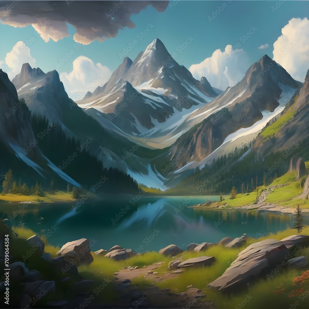 Digital Mountain Landscape with Lake and Mountain