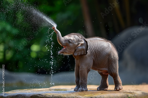 baby elephant spraying water with its trunk on a hot day