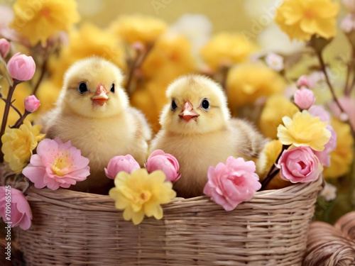 Two cute yellow chicks, little chickens in wicker basket with flowers. Spring holiday, Happy Easter concept.. © zulfiska