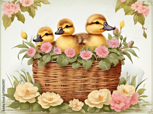 Cute yellow ducklings, little ducks in wicker basket with flowers. Spring holiday, Happy Easter concept. Retro card. © zulfiska