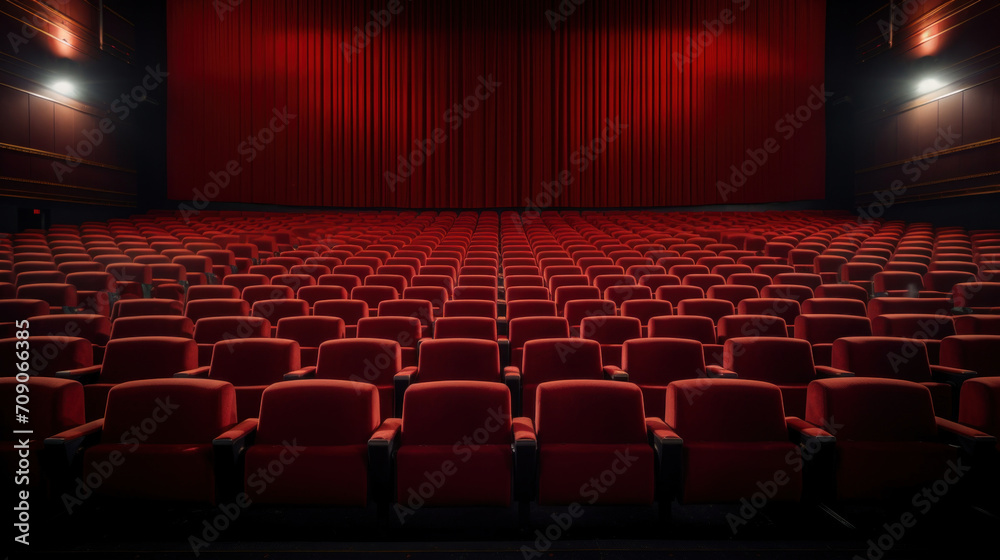 A wide angle view of an empty cinema theater with rows of red seats and a closed curtain on the stage, waiting for an audience. - obrazy, fototapety, plakaty 