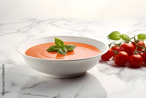 Tomato soup in a bowl and it is sitting on a clean white marble countertop. food photography. low angle. cinematic. photo realistic. minimalistic. simple background.