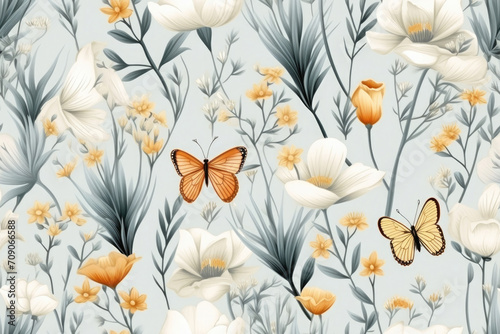 graphic background with wildflowers and butterflies, 3D texture patern