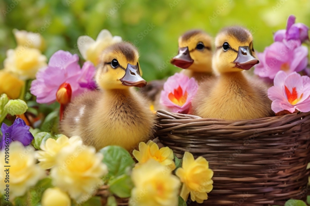 Cute yellow ducklings, little ducks in wicker basket with flowers. Spring holiday, Happy Easter concept. Retro card.