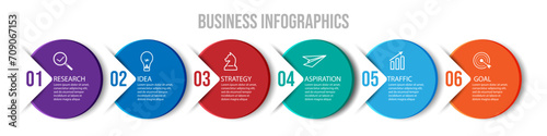 business infographic 6 parts or steps, there are icons, text, numbers. Can be used for presentation banners, workflow layouts, process diagrams, flow charts, infographics, your business presentations