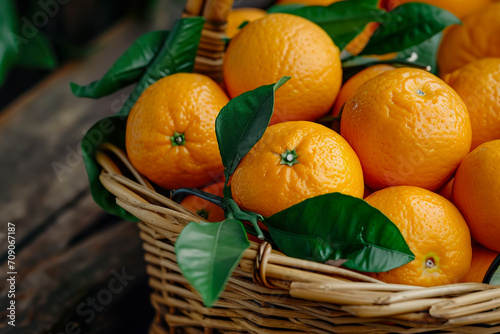 basket of ripe oranges, with leaves still attached