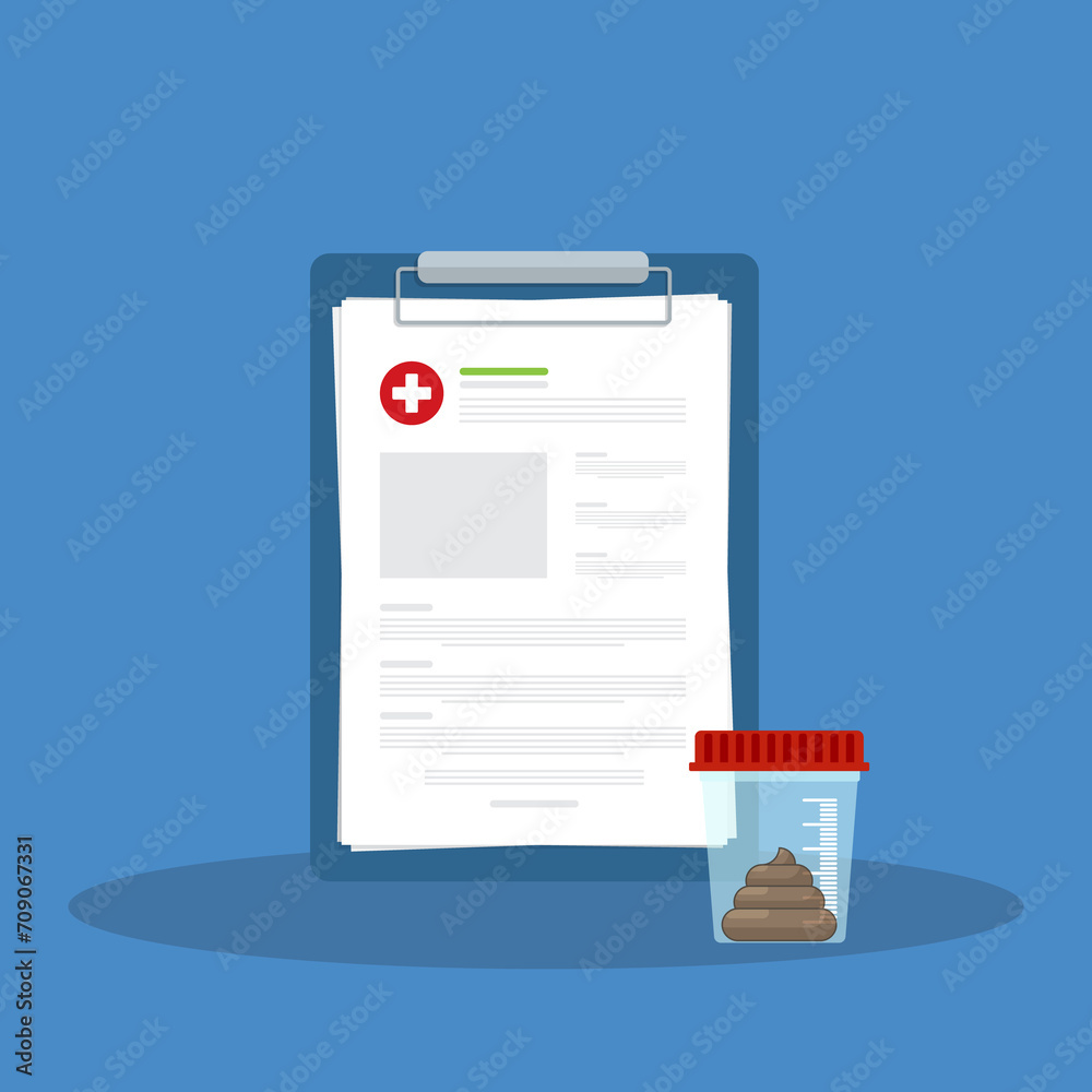 Stool analysis. Stool test. Medical research report clipboard with medical sample in a glass tube. Stool analysis. Stool test. Medical research report clipboard with medical sample in a glass tube.