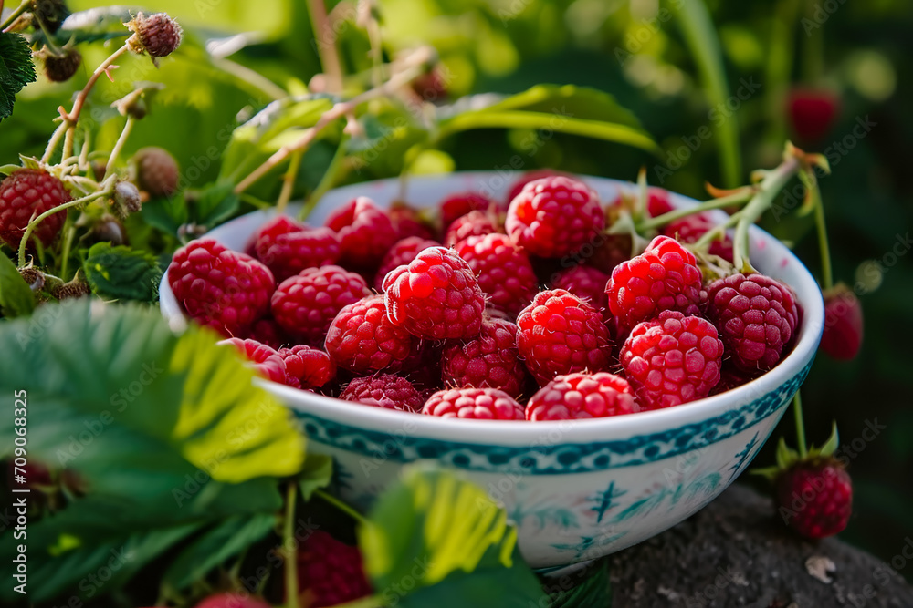 bowl of fresh raspberries, with a few still on the vine bowl of fresh raspberries, with a few still on the vine