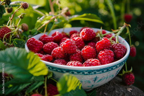 bowl of fresh raspberries, with a few still on the vine