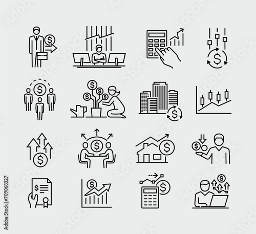 Investment Money Capital Market Vector Line Icons Set
